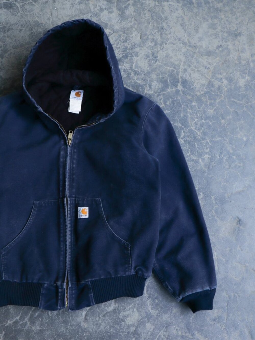 Vintage 90s Carhartt Faded Navy Quilted Hooded Zip Work Jacket - M